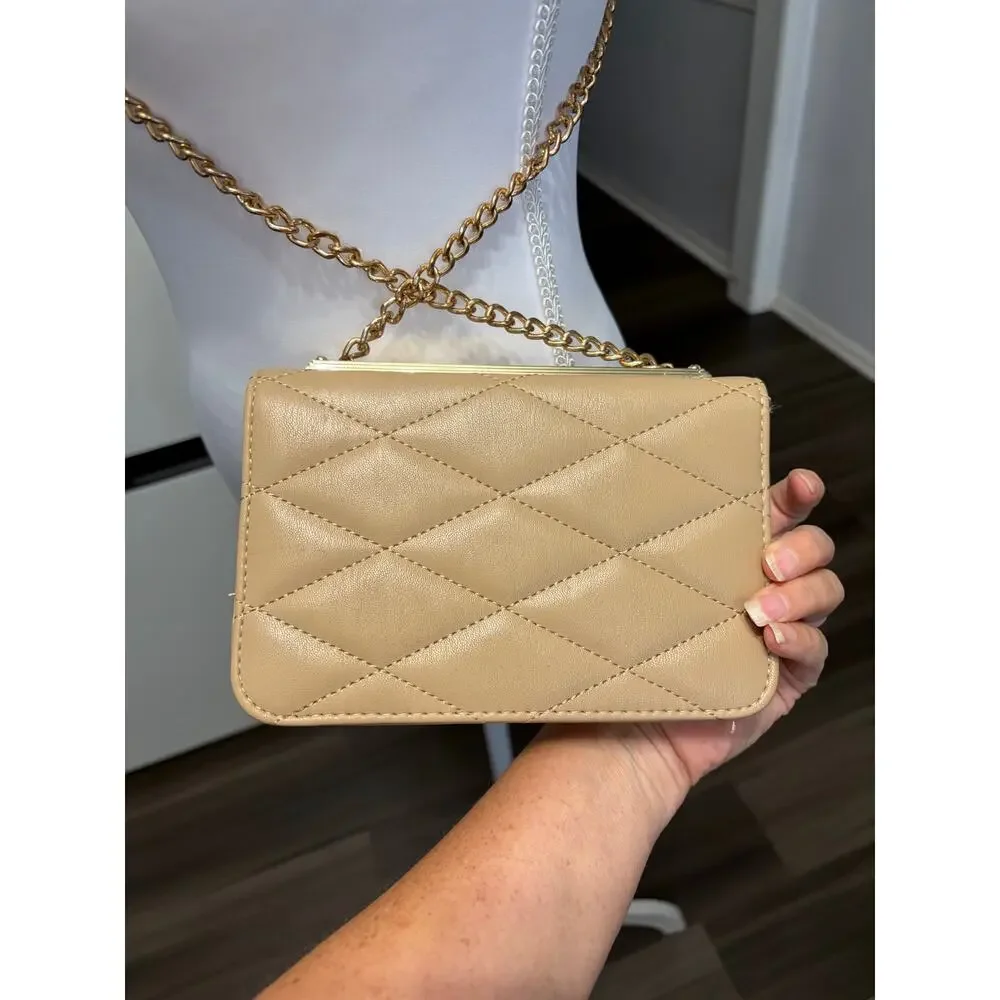Y2K Bebe quilted nude Crossbody chain strap flap closure storage chic glamorous